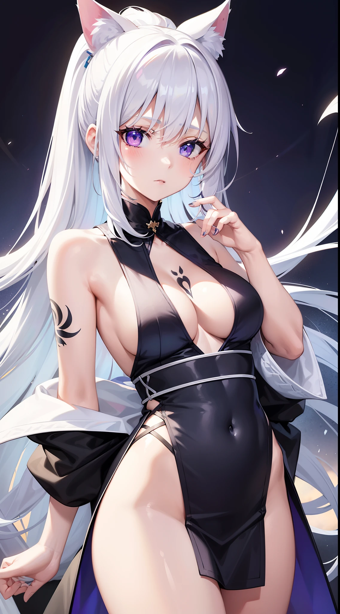 young girl, white colored hair, Cat's ears, high ponytail, Heterochromia, blue and purple eyes, Blue kimono, tattoo, Sleeveless, Deep neckline on the chest, open breasts, open shoulders, Masterpiece, hiquality, high detail, HD, 4k