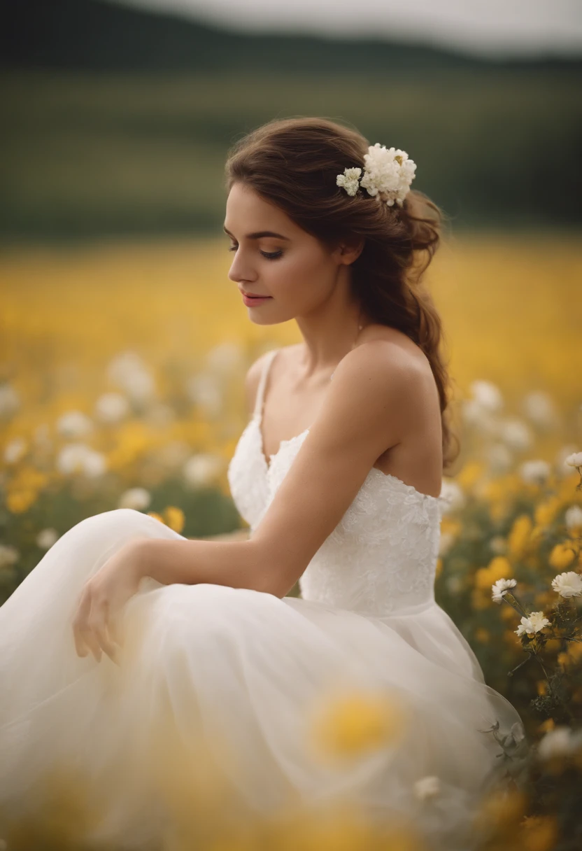 1girl in white wedding dress, Bare shoulders, blooming flower field, light smile, wollensak 127mm f/4.7 ektar