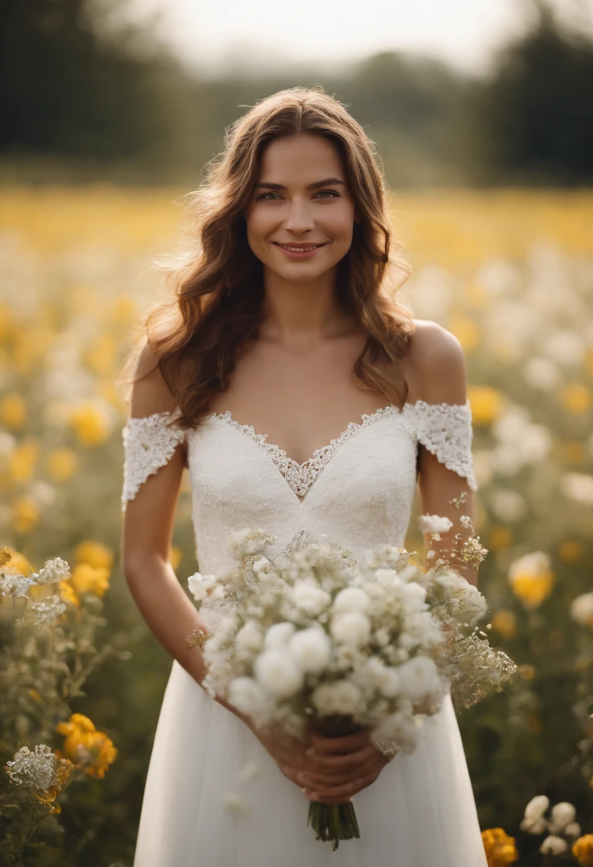 1girl in white wedding dress, Bare shoulders, blooming flower field, light smile, wollensak 127mm f/4.7 ektar