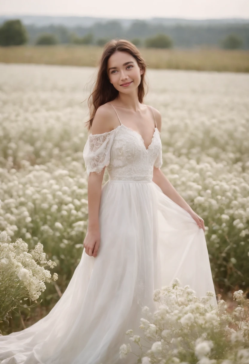 1girl in white wedding dress, Bare shoulders, blooming flower field, light smile, wollensak 127mm f/4.7 ektar