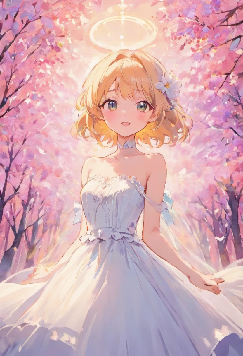 1girl in white wedding dress, Bare shoulders, blooming flower field, light smile, wollensak 127mm f/4.7 ektar