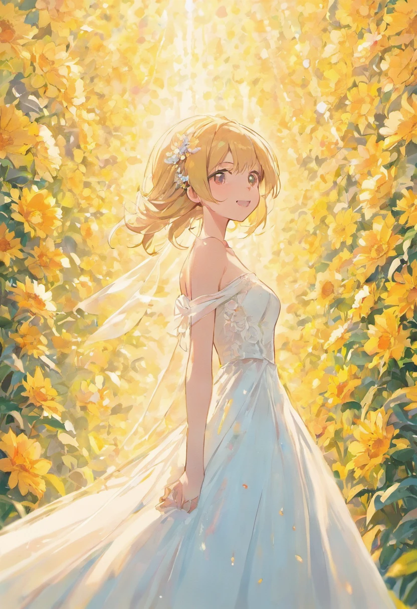 1girl in white wedding dress, Bare shoulders, blooming flower field, light smile, wollensak 127mm f/4.7 ektar