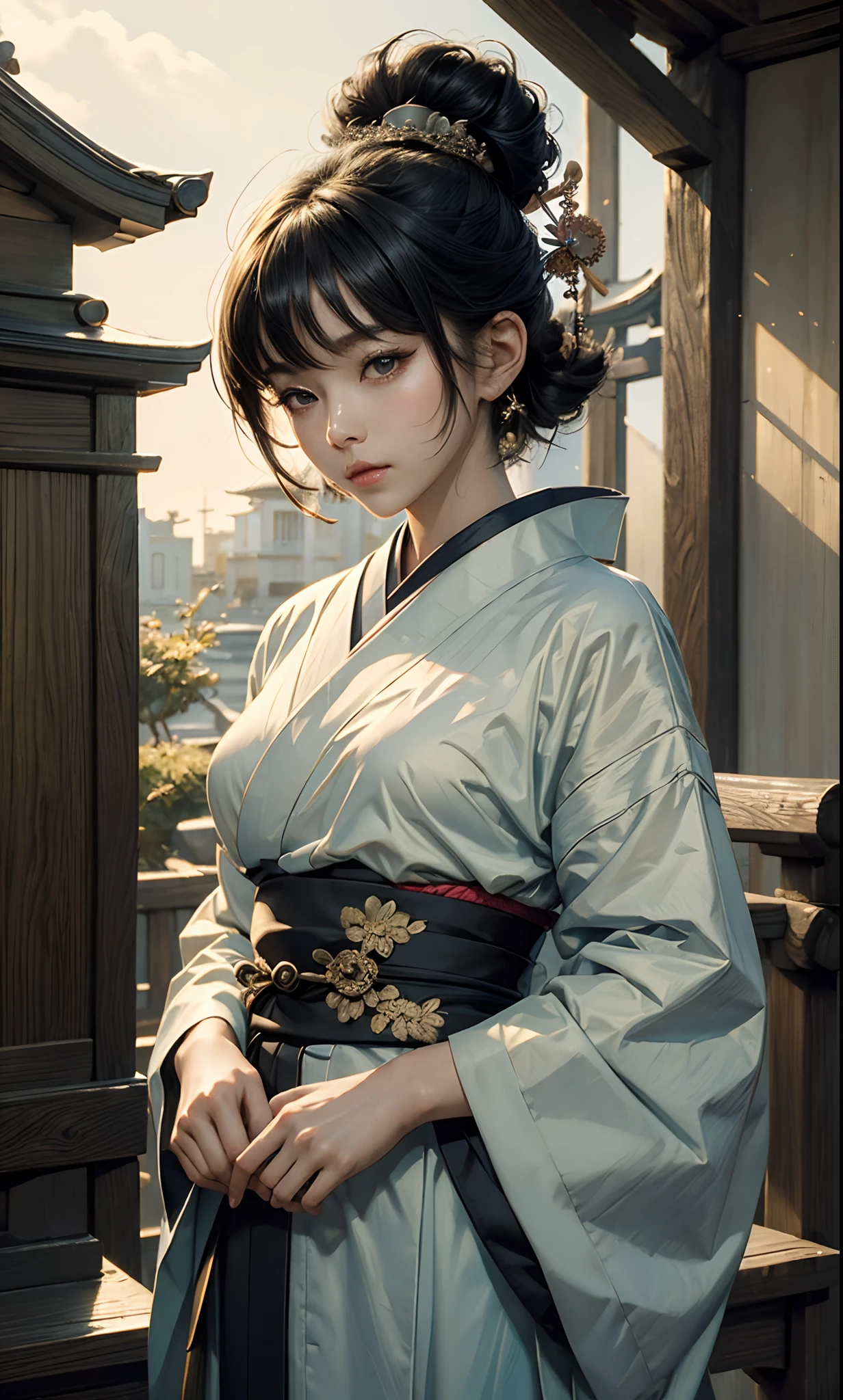 ((top-quality、​masterpiece:1.3))、sharp:1.2、Perfect Body Beauty:1.4、((Layered hairstyle))、(Kimono:1.1)、(shrines:1.2)、Highly detailed facial and skin texture、Detailed eye、二重まぶた、((short-length hair))、boyish、Cool、((unisex))、big eye、bangss、((One Woman))、Black eyes、tying  hair、hair adornments、