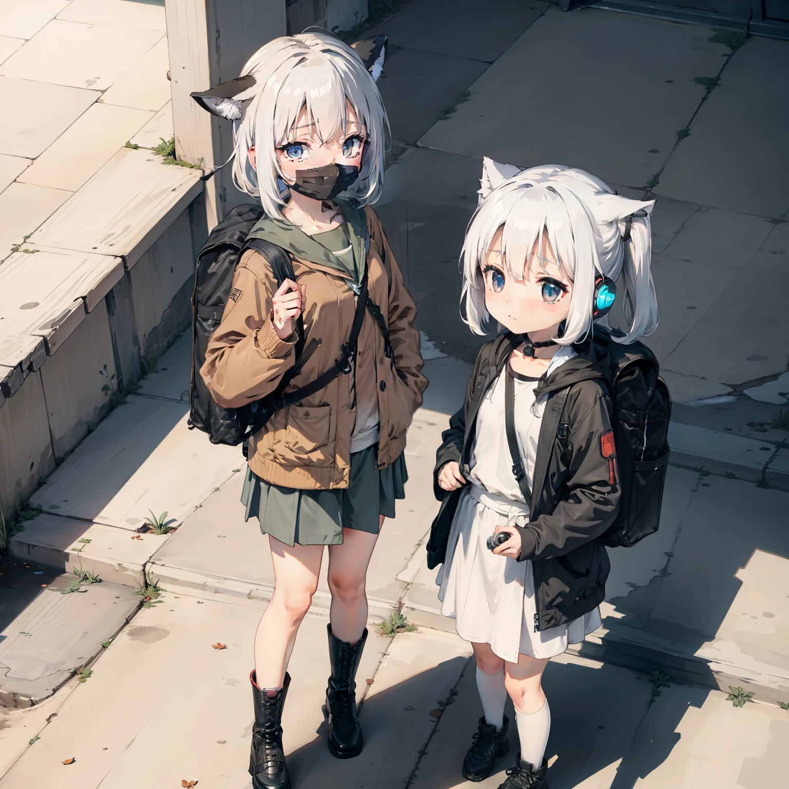 ((High quality)), ((Masterpiece)), 8K, 2girls, The Car, Light rays, Extremely detailed Cg Unity 8K wallpaper, CG games, mitts, Boots, full bodyesbian, Watch , Computer, Mask, UAVs, holding gun, Earphone, Jacket, bag, Backpack, Carmelto, neonlight，Loli,elementary student，独奏, (with short white hair:1.2),
