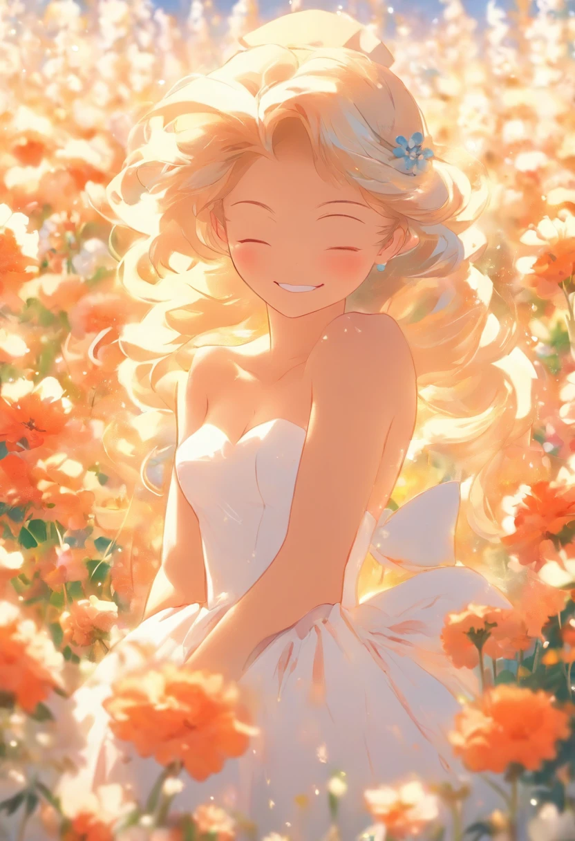 xxmixgirl,1girl in white wedding dress, Bare shoulders, blooming flower field, light smile, wollensak 127mm f/4.7 ektar