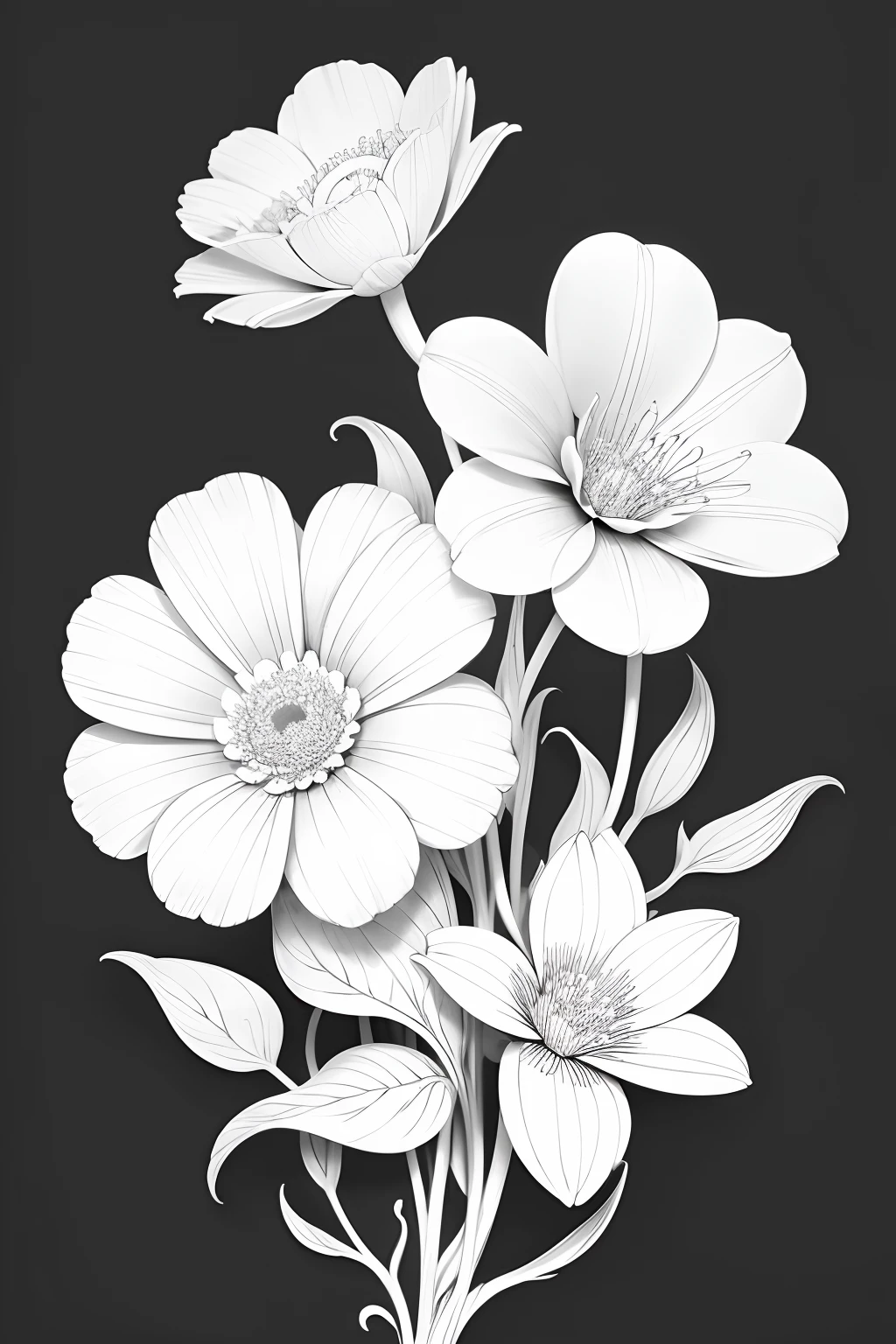 Black and white outline for coloring book pages. flower , all white, white background, only outlines used, lines, coloring book, clean lines, background. White