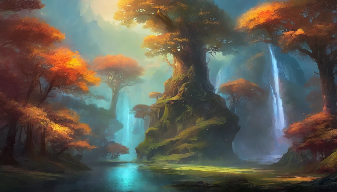 high details, best quality, 8k, [ultra detailed], masterpiece, best quality, (extremely detailed), dynamic angle, ultra wide shot, photorealistic, fantasy art, dnd art, rpg art, realistic art, an ultra wide picture of druid grove in a fantasy autumn forest and its druid warden observing all, a fantasy forest (intricate details, Masterpiece, best quality: 1.5), (at autumn: 1.5), in orange, red, yellow brown leaves, many trees, a stream of water (intricate details, Masterpiece, best quality: 1.5), waterfall (intricate details, Masterpiece, best quality: 1.5), human female druid, full body (intricate details, Masterpiece, best quality: 1.5), exquisite beautiful woman druid (intricate details, Masterpiece, best quality: 1.5), ultra detailed face (intricate details, Masterpiece, best quality: 1.6), black hair, long hair, wavy hair (intricate details, Masterpiece, best quality: 1.5),, dynamic eyes color, fair skin, wearing blue cloak (intricate details, Masterpiece, best quality: 1.5), green robe (intricate details, Masterpiece, best quality: 1.5), cinematic light, pastoral atmosphere, divine light, gods rays, fantasy_world
