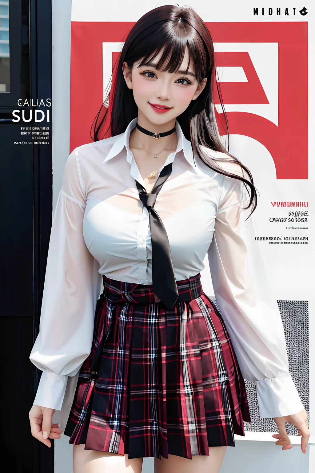 masterpiece, best quality, full body, 1girl, bangs, black choker, black necktie, black hair, blue skirt, blush, bracelet, breasts, choker, clothes around waist, collarbone, collared shirt, cowboy shot, dress shirt, ear piercing, eyebrows visible through hair, gradient hair, grin, gyaru, jewelry, kogal, long hair, looking at viewer, loose necktie, necktie, piercing, plaid, plaid skirt, pleated skirt, red eyes, ring, school uniform, shirt, skirt, smile, solo, white shirt, street, sky, cherry blossoms, petals,illustration, (magazine:1.3), (cover-style:1.3), fashionable, woman, vibrant, outfit, posing, front, colorful, dynamic, background, elements, confident, expression, holding, statement, accessory, majestic, coiled, around, touch, scene, text, cover, bold, attention-grabbing, title, stylish, font, catchy, headline, larger, striking, modern, trendy, focus, fashion,