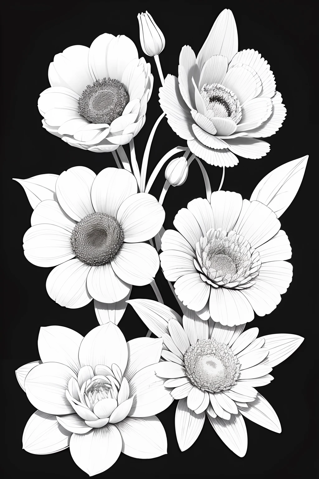 Very simple black and white Flower pattern drawing for Coloring book, white background