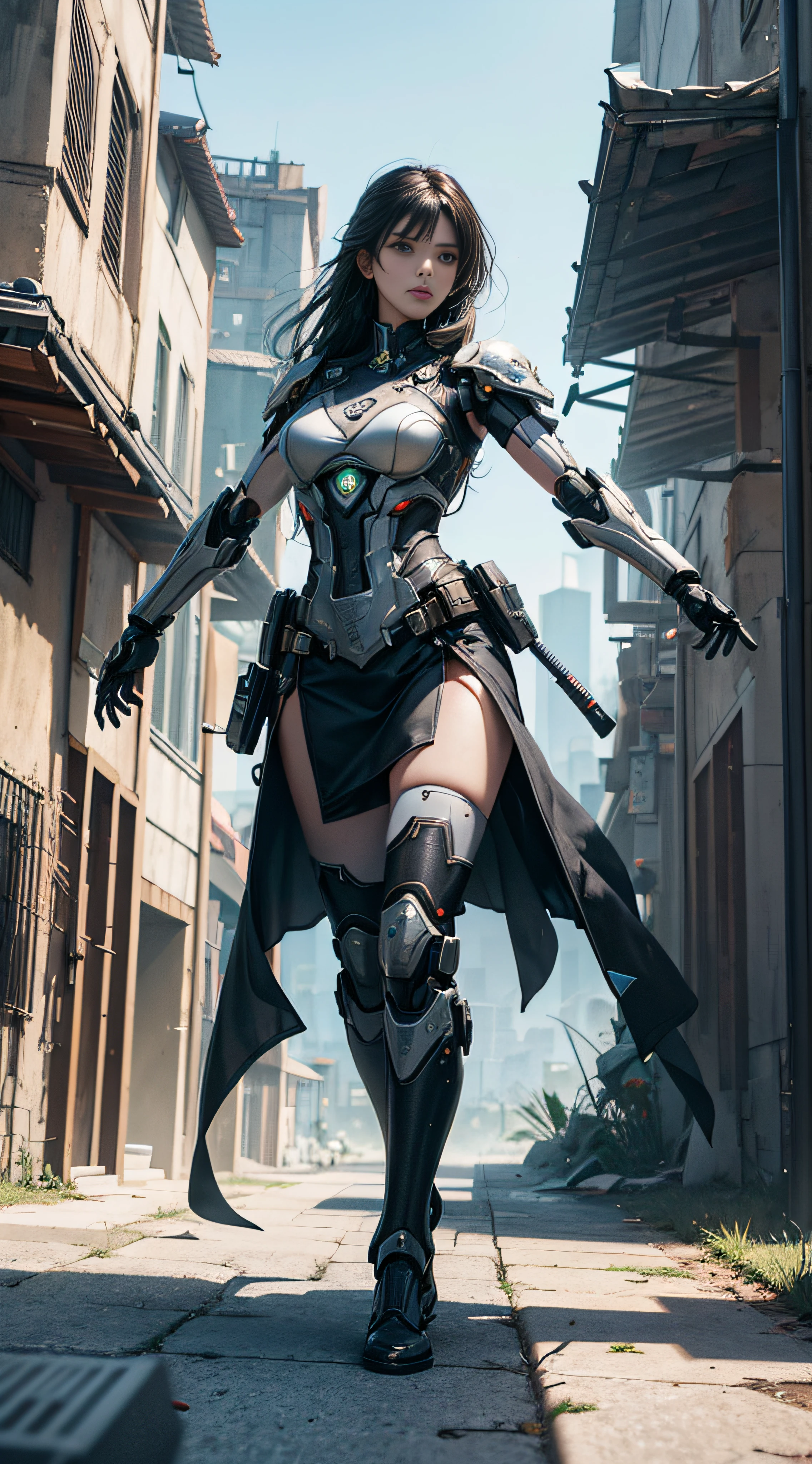 ((Best quality)), ((masterpiece)), (highly detailed:1.3), 3D,Shitu-mecha, beautiful cyberpunk women with her mecha in the ruins of city from a forgoten war, ancient technology,HDR (High Dynamic Range),Ray Tracing,NVIDIA RTX,Super-Resolution,Unreal 5,Subsurface scattering,PBR Texturing,Post-processing,Anisotropic Filtering,Depth-of-field,Maximum clarity and sharpness,Multi-layered textures,Albedo and Specular maps,Surface shading,Accurate simulation of light-material interaction,Perfect proportions,Octane Render,Two-tone lighting,Low ISO,White balance,Rule of thirds,Wide aperature,8K RAW,Efficient Sub-Pixel,sub-pixel convolution,luminescent particles,light scattering,Tyndall effect(the face is female more photorealistic & full body frighting kungfu action pose)(99% is female,1% is robot)( outdoor) ((Low angle))
