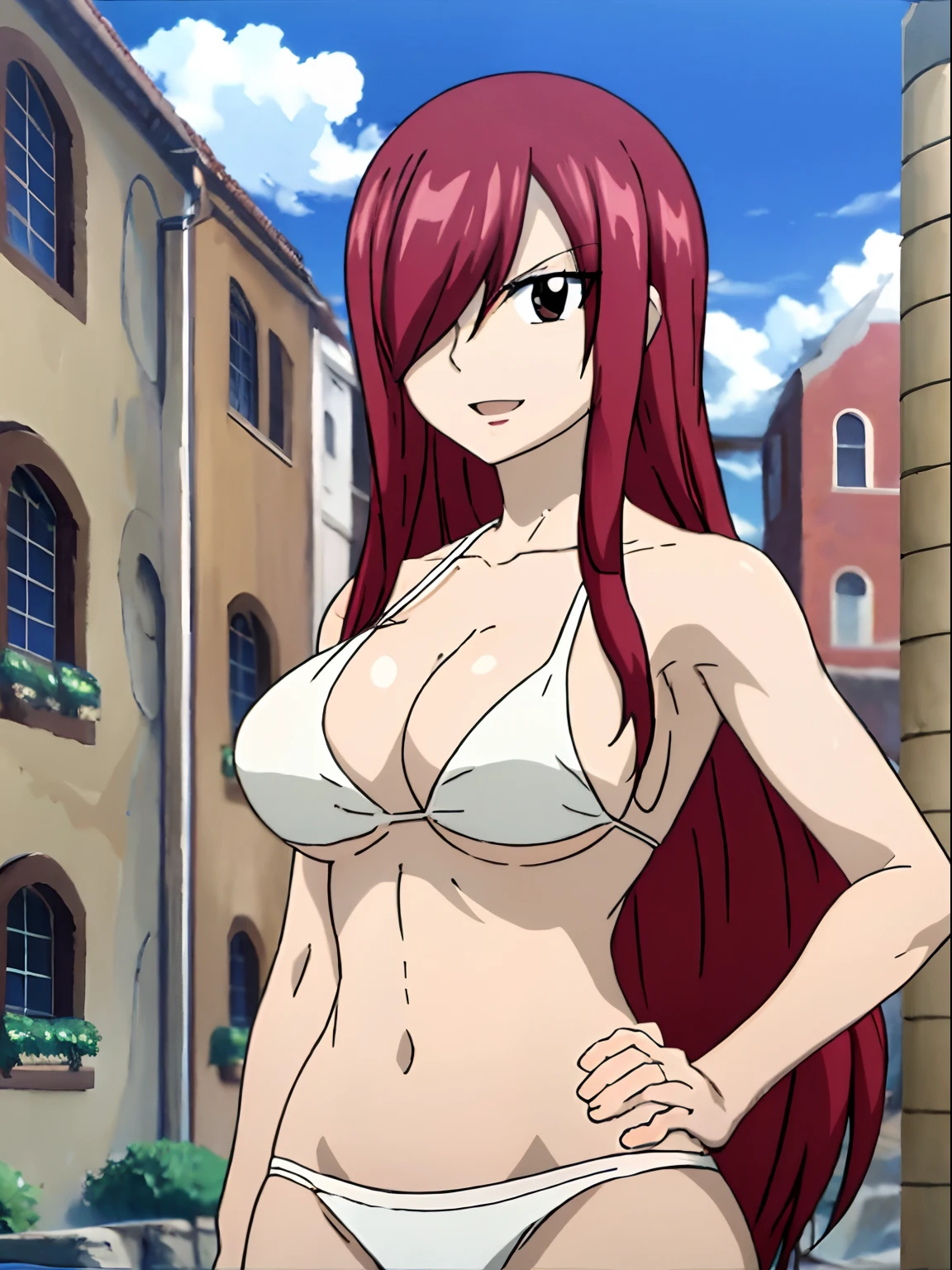 masterpiece, anime style, beach, best quality, highres, fairy tail, 1girl, long hair, reddish hair, (bang cover one eye, one hidden eye, brown eye), large breasts, collarbone, midriff, white bikini, standing, outdoors, smile, open mouth, emo hair, thick arms, broad shoulders, mature woman, (tall), wide shoulders, long belly, hands on hips, strong arms, ultra detailed arms, tortured