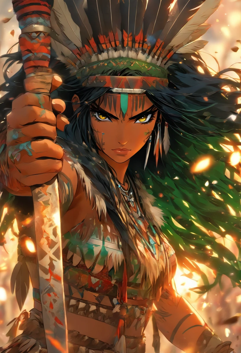 The most beautiful and sexy native American warrior princess, beautiful long black hair, green eyes, wearing highly detailed native American tribal battle armor, wielding a tomahawk axe, tons of tattoos and piercings, blood splattered, flower pedals blowing in the wind, highly detailed background, perfect masterpiece, high quality, high resolution