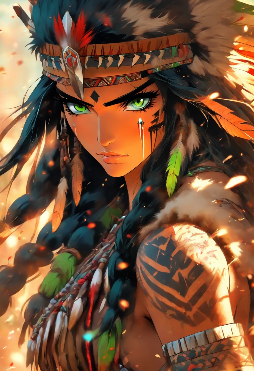 The most beautiful and sexy native American warrior princess, beautiful long black hair, green eyes, wearing highly detailed native American tribal battle armor, wielding a tomahawk axe, tons of tattoos and piercings, blood splattered, flower pedals blowing in the wind, highly detailed background, perfect masterpiece, high quality, high resolution