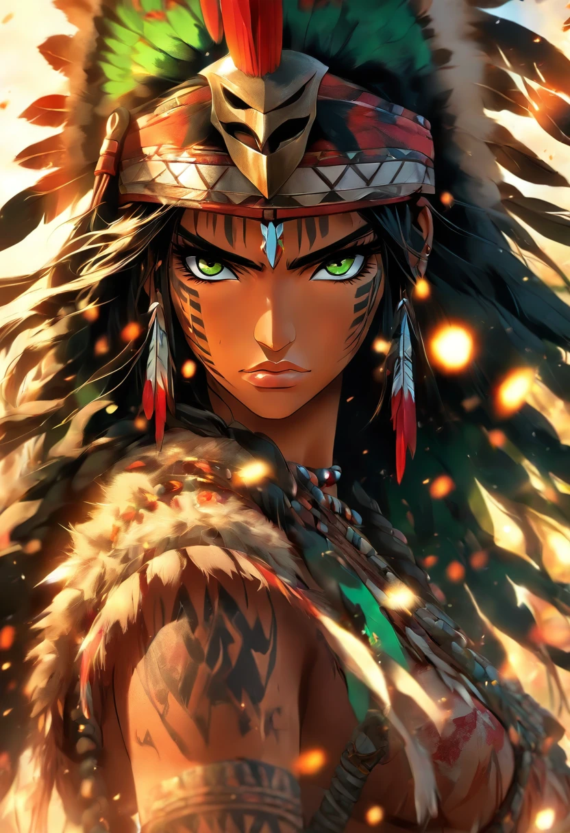 A beautiful indigenous woman in a bikini wearing a headdress, cabelos pretos longos cacheados, rosto bonito, imagem de corpo inteiro, imagem alto detalhe, simetria, Arte de Fantasia
