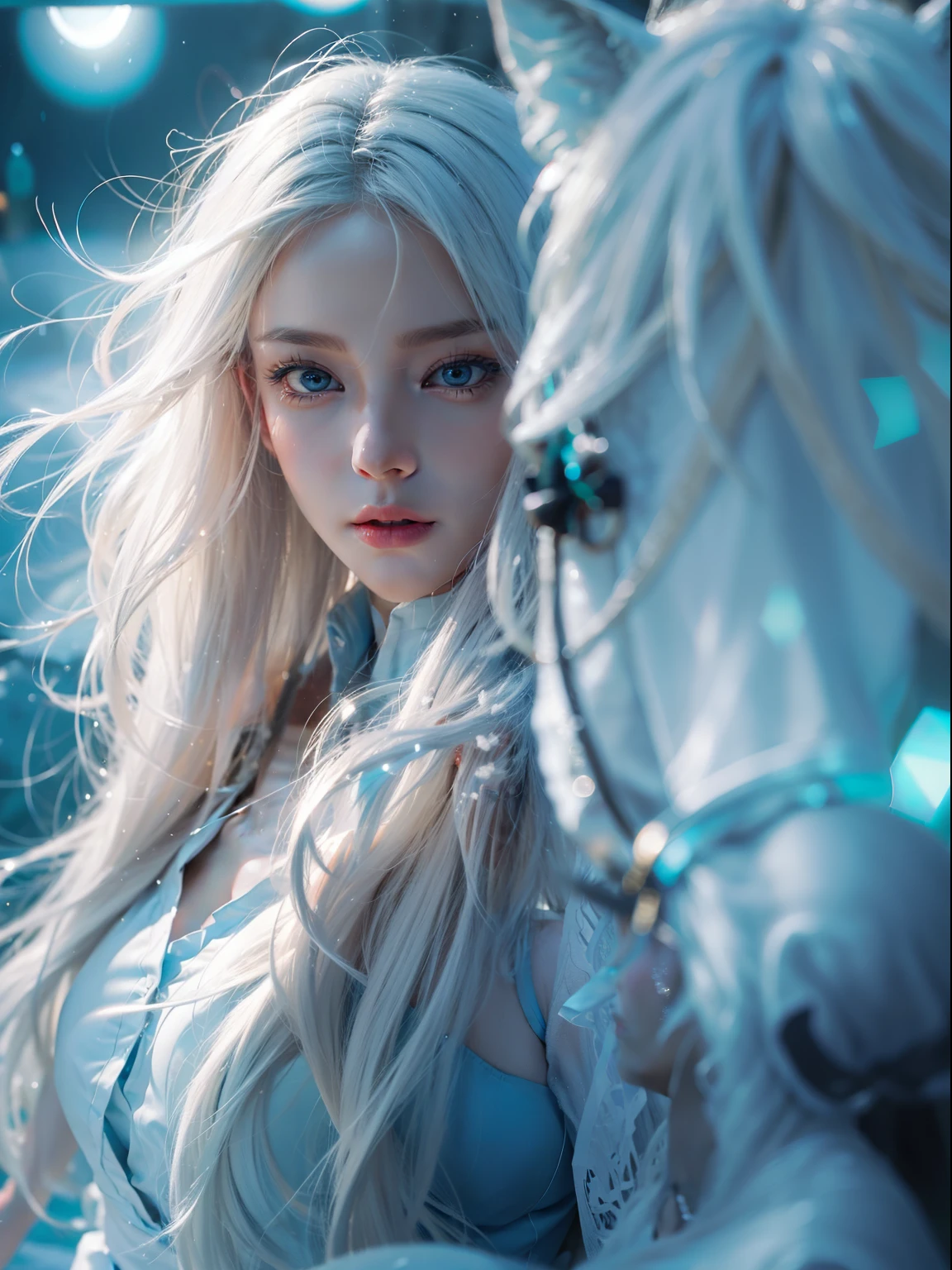 beautiful, young woman, in the crystal and ice area, fluttering snow, horse riding, a white hourse, gradient hair, white hair, blue hair, long hair, eye reflection, disdain, ray tracing, reflection light, blurry, glowing light, depth of field, chiaroscuro, stereogram, zoom layer, cowboy shot, f/2.8, bokeh, masterpiece, best quality, high quality, HD