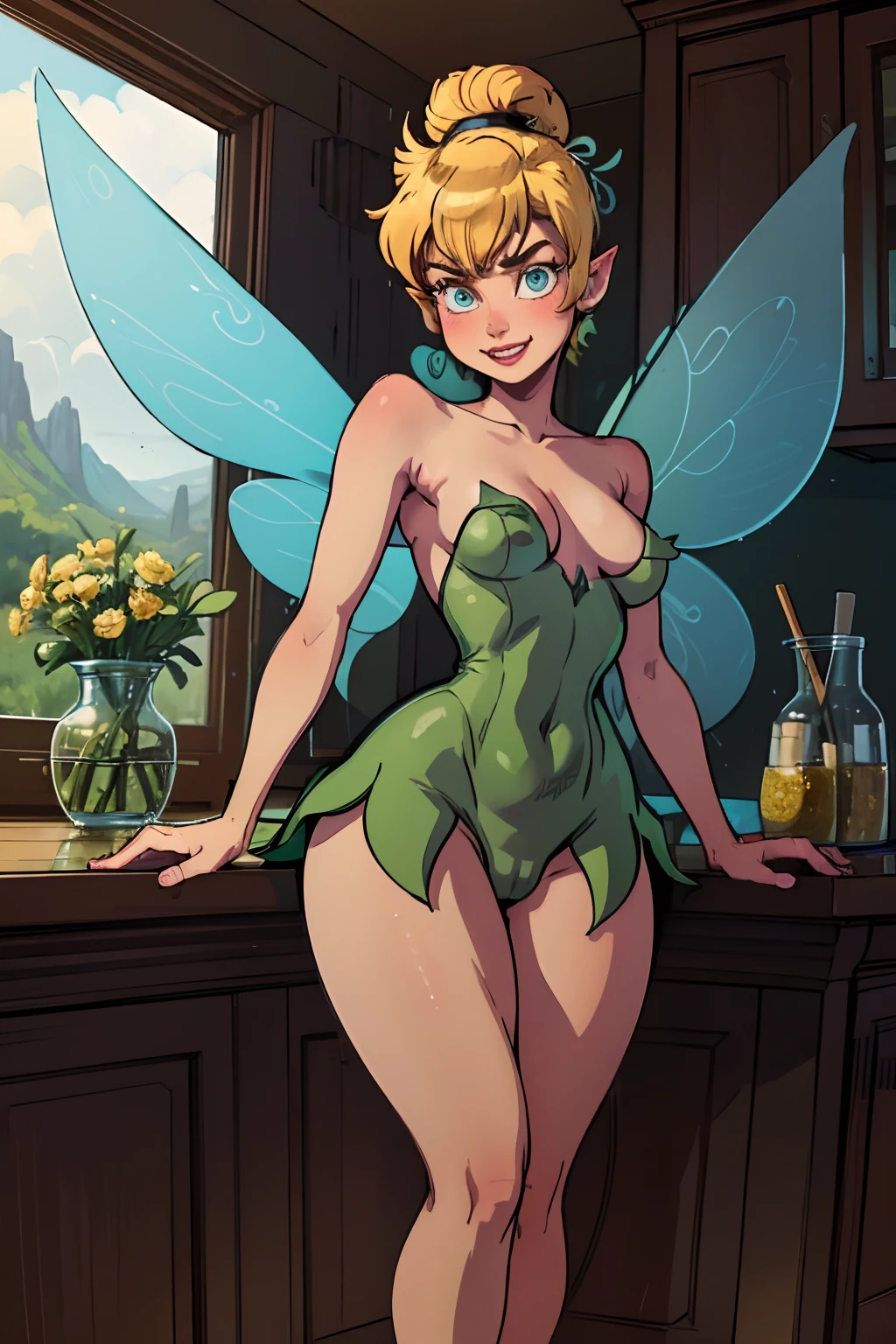 Kiernan Shipka as Tinkerbell, (Tinkerbell Waifu:1), smiling, cute smile, posing, cute, looking at the viewer, full body, full body view, bare feet, cute feet, thick thighs, thigh gap, tight body, single bun, short hair, pointy ears, (strapless green dress:1), micro dress, (fairy wings), big breasts, (focus on breasts:1.2), (realistic: 1.2), (realism), (masterpiece: 1.2), (best quality), (ultra detailed), (8k, 4k, complex),(full body photo: 1),(cowboy photo:1.2), (85mm), light particles, lighting, (highly detailed:1.2), (detailed face:1.2), (gradients), nsfw, colorful,(detailed eyes:1.2), (detailed landscape, inside a glass jar :1.2),(detailed background),detailed landscape, (dynamic angle:1.2), (dynamic posture:1.2), (rule of terceira_compositing:1.3), (line of action:1.2), general plan, daylight, soil, no panties, huge breasts, Sexy bimbo, big breasts, hard nipples, perky tits, visible areolas, cameltoe, massive cameltoe indentation, pantyshot, stockings, black Balenciaga bodysuit, curvy small waist plump, six pack abs, super cute, kawaii, perfect eyes, perfect eyebrows, blushing, perfect teeth, perfect smile, perfect body, perfect hands