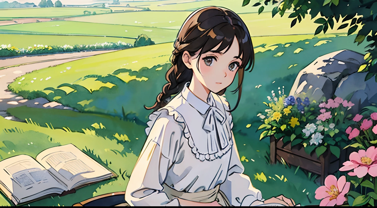 (Watercolor in Sargent style)、(top-quality、masterpiece)、Soft light、View of the Cotswolds,Old farmhouse、rivulets、flower bloom、One lady、dark brown hair、Braided hair、White blouse and long skirt、picnic、read a book、take a walk、