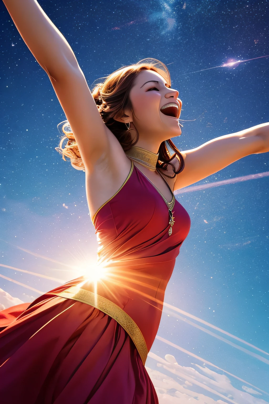 create an image of a woman celebrating with her arms open and up