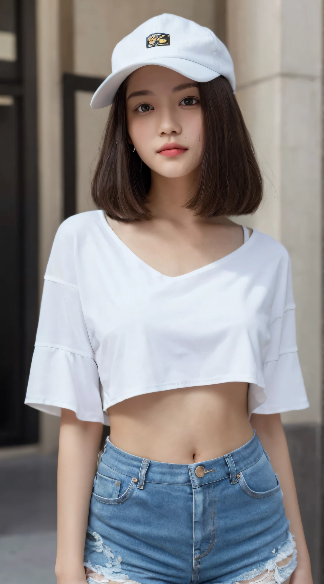 ((Best Quality, 8K, Masterpiece: 1.3)), (Flower Cap: 1.3), Focus: 1.2, Perfect Body Beauty: 1.4, Buttocks: 1.2, (Layered Haircut: 1.2)), (Dark Street: 1.3), Highly Detailed Face and Skin Texture, Full Body, Delicate Eyes, Double Eyelids, Whitened Skin, Long Hair, (Round Face: 1.5), (Loose Crop Top, Shorts: 1.6)
