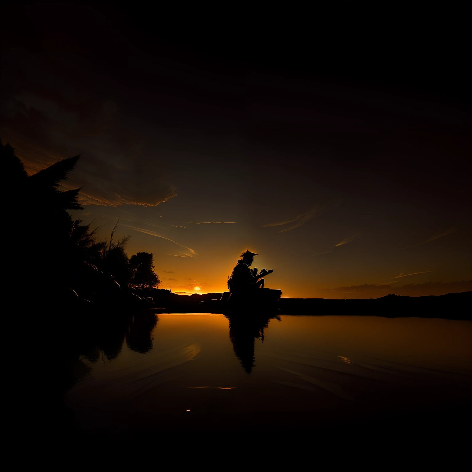 Arafed man sitting on a rock in the middle of a lake at sunset, sentado em uma piscina reflexiva, sentado em uma piscina reflexiva, flutuando em um poderoso estado zen, in the sunset, Looking at a sunset, looking at sunset, Silhueta, fotografia noturna, silhouetted over sunset, with sunset, lost in thought, fotografia com pouca luz, Refletindo