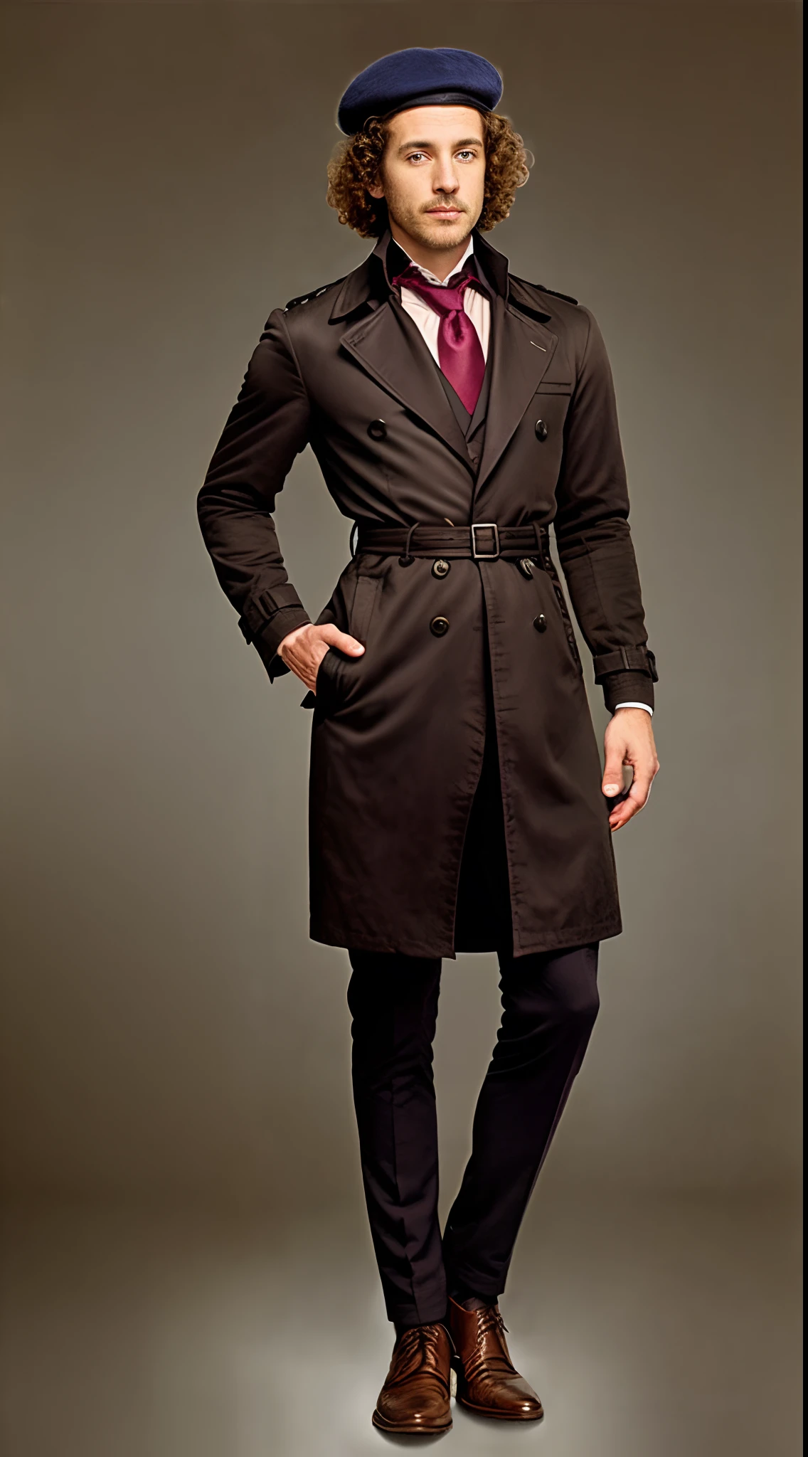 Middle-aged male adventurer, curly hair, beret, trench coat, necktie, baron's ring,19th century clothing style,(Standing posture:1.5),(full body:1.6)