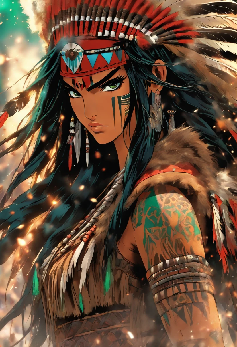 The most beautiful and sexy native American warrior princess, beautiful long black hair, green eyes, wearing highly detailed native American tribal battle armor, wielding a tomahawk axe, tons of tattoos and piercings, blood splattered, flower pedals blowing in the wind, highly detailed background, perfect masterpiece, high quality, high resolution