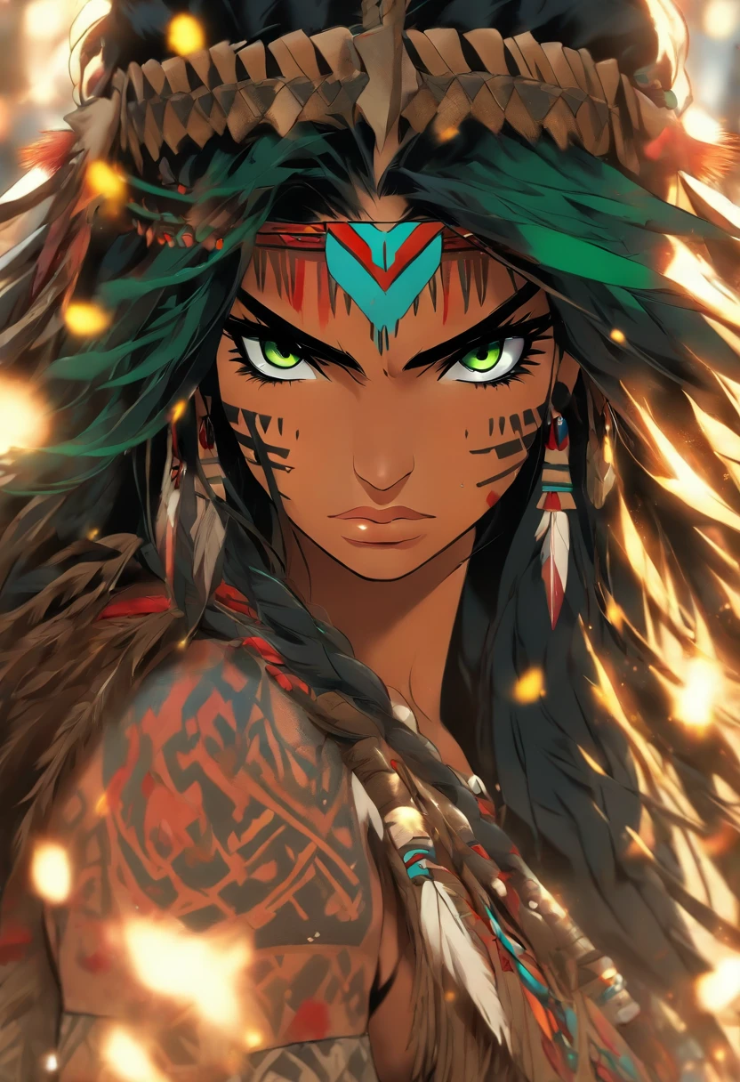 The most beautiful and sexy native American warrior princess, beautiful long black hair, green eyes, wearing highly detailed native American tribal battle armor, wielding a tomahawk axe, tons of tattoos and piercings, blood splattered, flower pedals blowing in the wind, highly detailed background, perfect masterpiece, high quality, high resolution