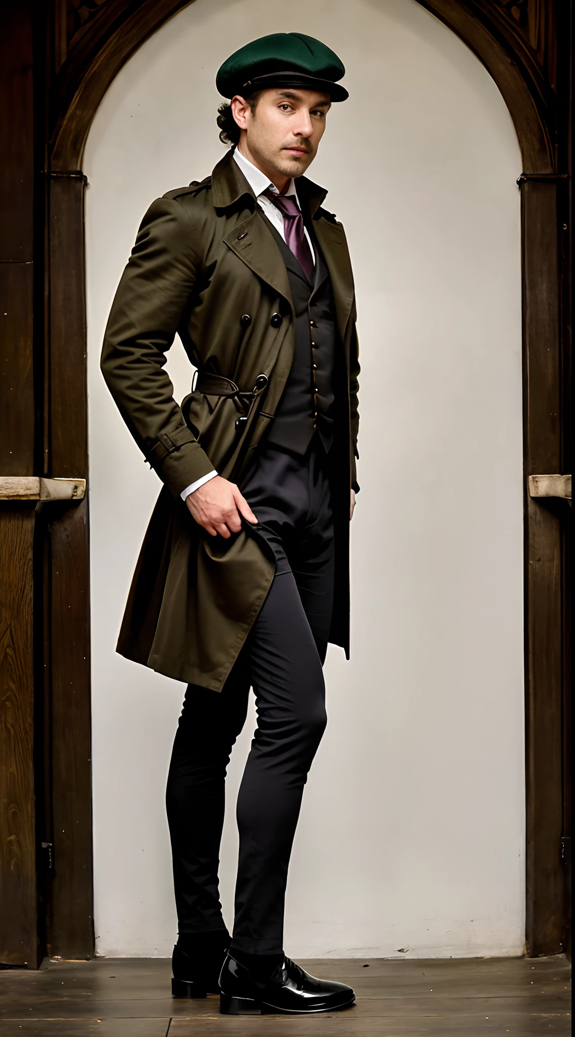 Middle-aged male adventurer, curly hair, beret, trench coat, necktie, baron's ring,19th century clothing style,(Standing posture:1.5),(full body:1.6)