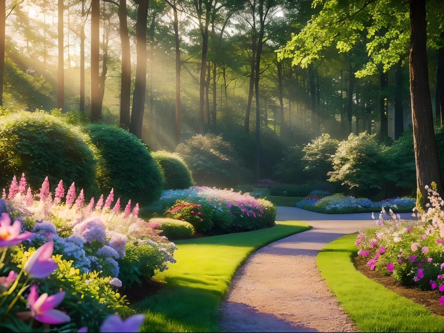 a ray of hope,soft sunlight filtering through the trees,flowers in bloom,bright colors of spring,(best quality,4k,8k,highres,masterpiece:1.2),ultra-detailed,(realistic,photorealistic,photo-realistic:1.37),vibrant,dreamlike,magical atmosphere,pastel tones,warm and gentle lighting,serene and peaceful atmosphere,nature's beauty,positive energy,transformation,blissful moment,optimistic,gentle breeze,embrace of nature,renewal,whisper of possibilities,new beginnings,delicate details,dewdrops on petals,subtle textures,evokes joy and serenity,tranquil garden scene,splashes of color,harmony between light and shade,elegant curves and lines,touch of innocence,ethereal and enchanting,a celebration of life,serenity in chaos,enchanted forest surroundings.