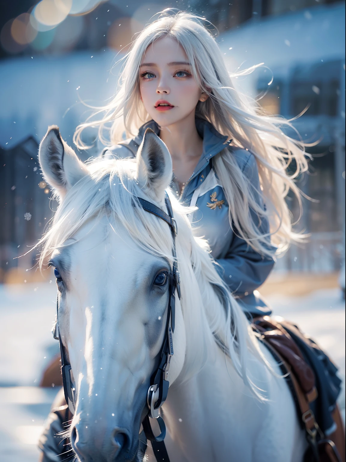 beautiful, young woman, in the crystal and ice area, fluttering snow, horse riding, a white hourse, gradient hair, white hair, blue hair, long hair, eye reflection, disdain, ray tracing, reflection light, blurry, glowing light, depth of field, chiaroscuro, stereogram, zoom layer, cowboy shot, f/2.8, bokeh, masterpiece, best quality, high quality, HD
