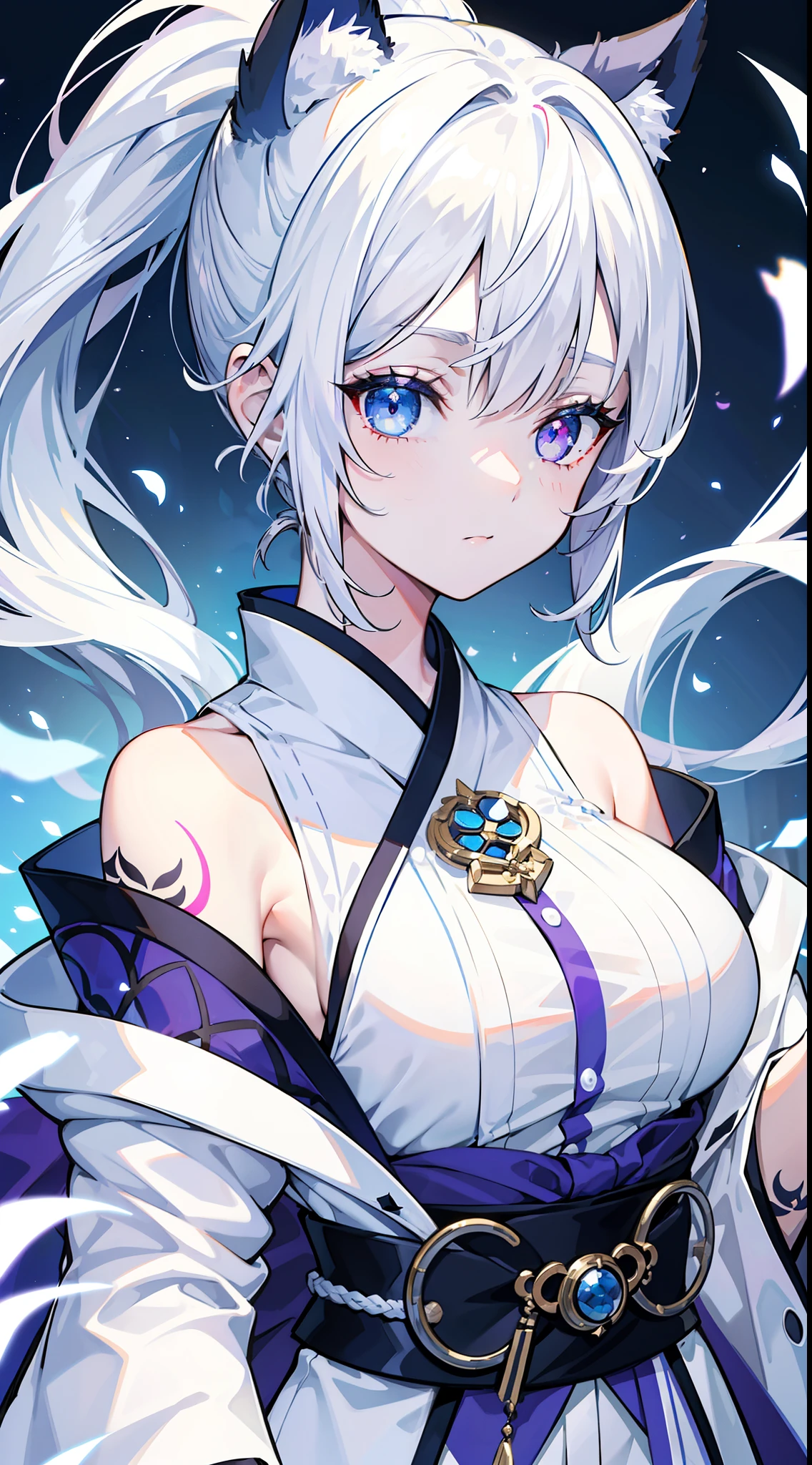 young girl, white colored hair, Cat's ears, high ponytail, Heterochromia, blue and purple eyes, Blue kimono, tattoo, Sleeveless, Deep neckline on the chest, open breasts, open shoulders, Masterpiece, hiquality, high detail, HD, 4k