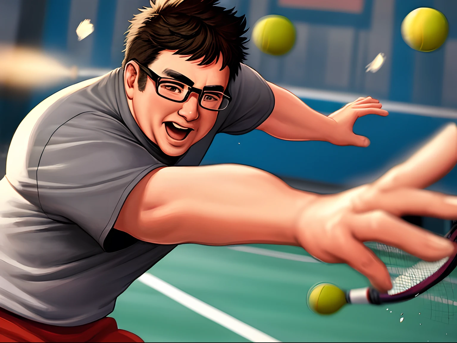 Hong Kong movie painting of overweight and bespectacled uncle playing soft tennis and hitting smashes