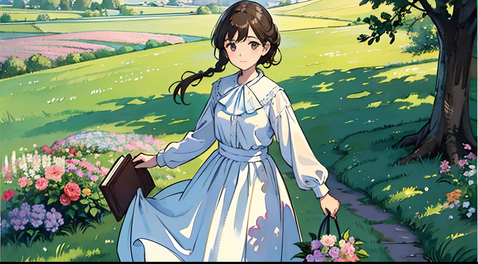 (Watercolor in Sargent style)、(top-quality、masterpiece)、Soft light、View of the Cotswolds,Old farmhouse、rivulets、flower bloom、One lady、dark brown hair、Braided hair、White blouse and long skirt、picnic、read a book、take a walk、longshot、