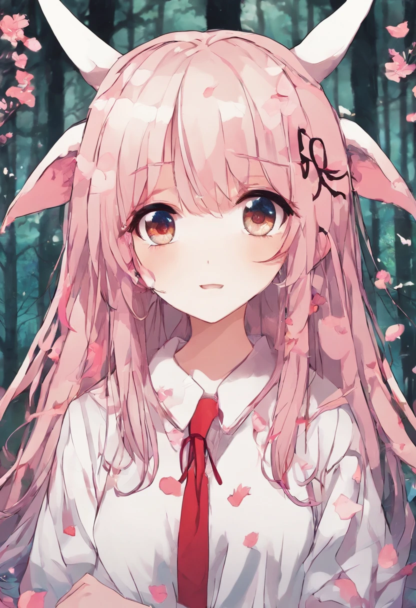 una adolescente, Dressed in a Japanese school uniform. Su cabello y ojos son de un hermoso tono rosa claro, lo que agrega un toque distintivo a su apariencia. The environment is located in a lush forest, full of trees and serene meadows. The girl's face shows an expression of annoyance. He possessed tiny demon horns that look like ears on the top of his head and was in crossed arms.