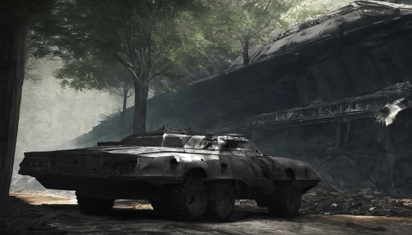 cinematic photo , (best quality), (masterpiece), (detailed), ,realistic, <lora:quiron_thundertank_v1_Lora:0.87> thunderTankQuiron tank, cursed forest, twisted trees, eerie sounds, paranormal phenomena, fire, explosion scene, fog, 4k, cinematic light, sidelighting, ultra high res, best shadow, RAW, . 35mm photograph, film, bokeh, professional, 4k, highly detailed