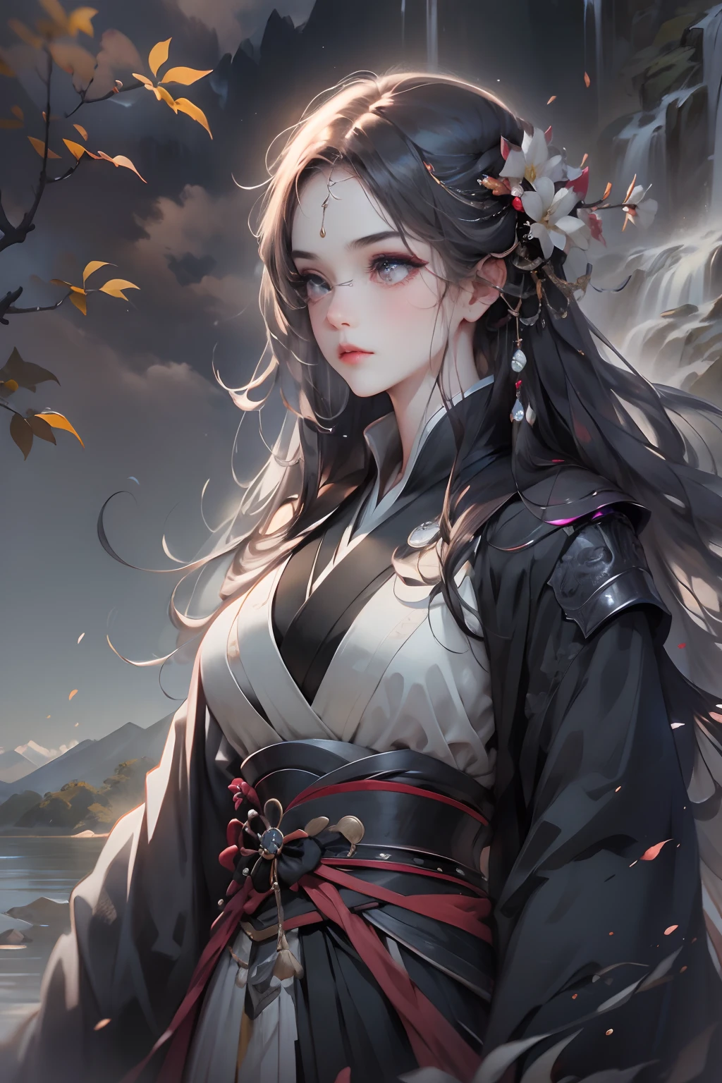 one-girl,cabelos preto e longos,little breast,(Antique Hanfu:1.5),silver accessories,Shoulders exposed,standing on a hill,Sword in hand,knight-errant,(Bright color combination:1.2)Facing the mountains and flowing water、waterfallr,Rainy sky,(Wallpapers),tmasterpiece,Detailed characters,super detailing,art illustration,A high resolution,16:9 wide,