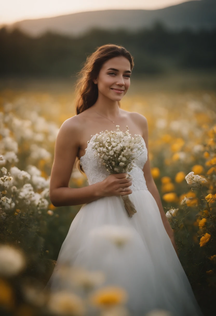 1girl in white wedding dress, Bare shoulders, blooming flower field, light smile, wollensak 127mm f/4.7 ektar