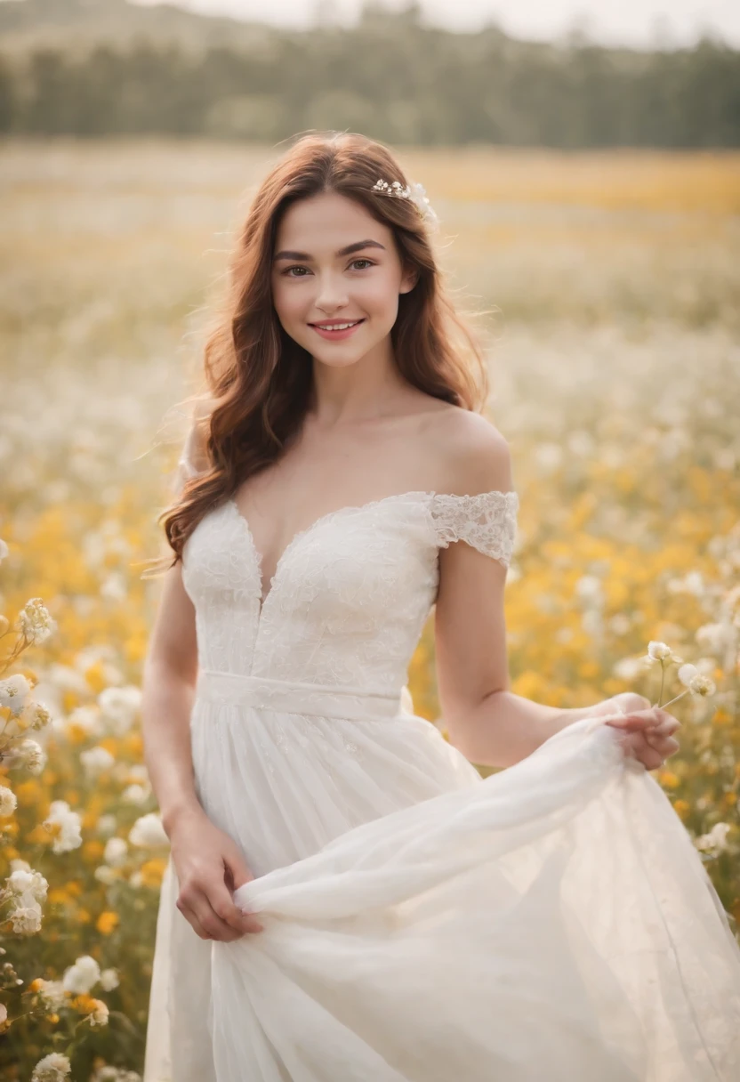 1girl in white wedding dress, Bare shoulders, blooming flower field, light smile, wollensak 127mm f/4.7 ektar