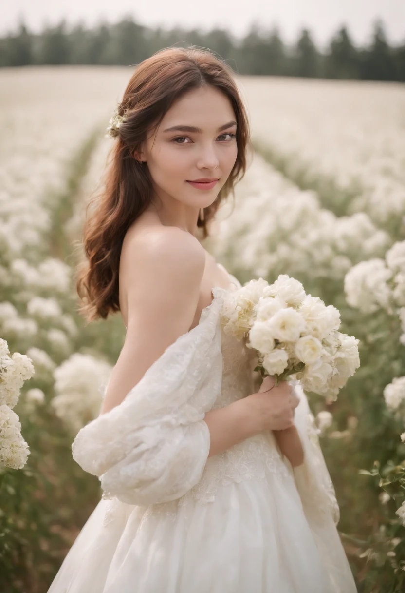1girl in white wedding dress, Bare shoulders, blooming flower field, light smile, wollensak 127mm f/4.7 ektar