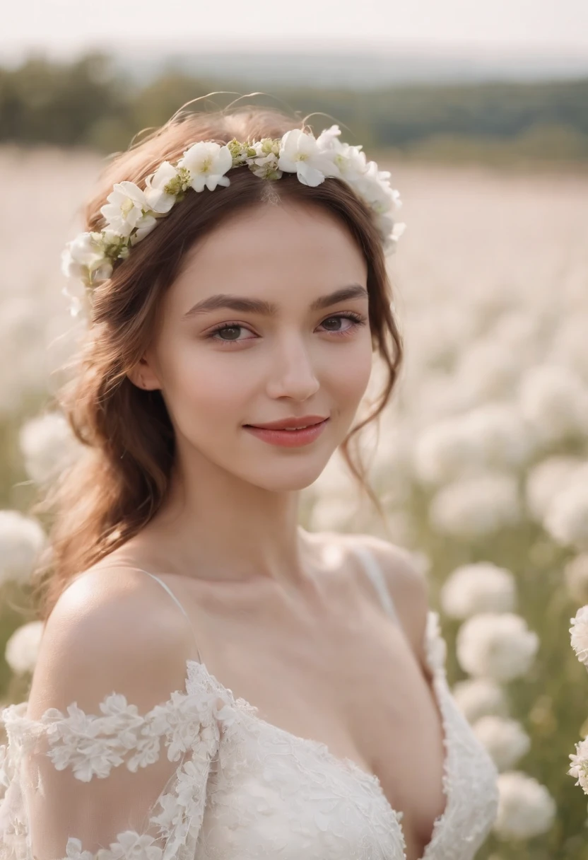 1girl in white wedding dress, Bare shoulders, blooming flower field, light smile, wollensak 127mm f/4.7 ektar