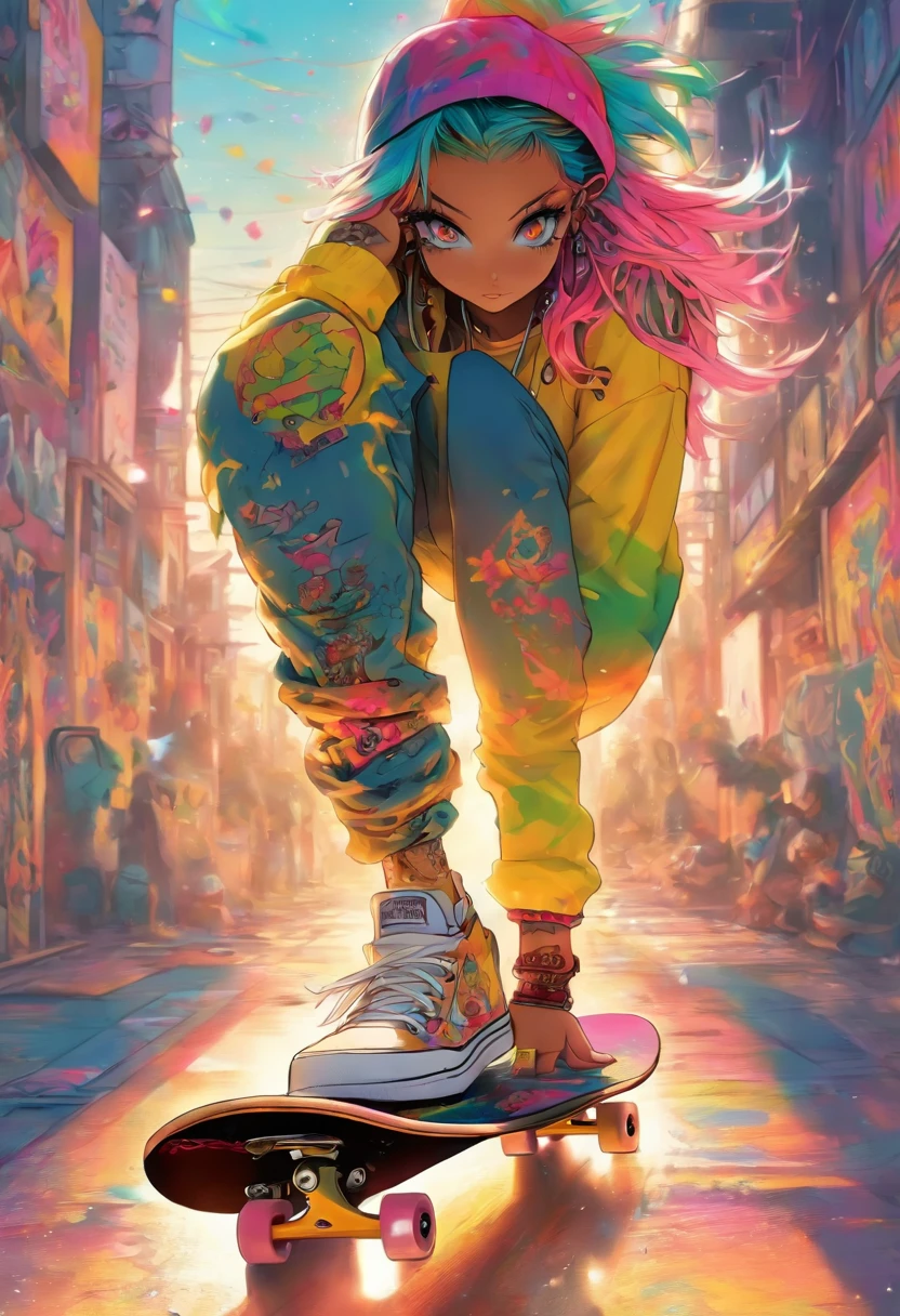 The most beautiful and sexy skateboard girl, rainbow colored hair, yellow eyes, wearing hoodie, graphic t-shirt, torn skinny jeans and highly detailed skateboard gear, tons of tattoos and piercings, highly detailed background, perfect masterpiece, high quality, high resolution