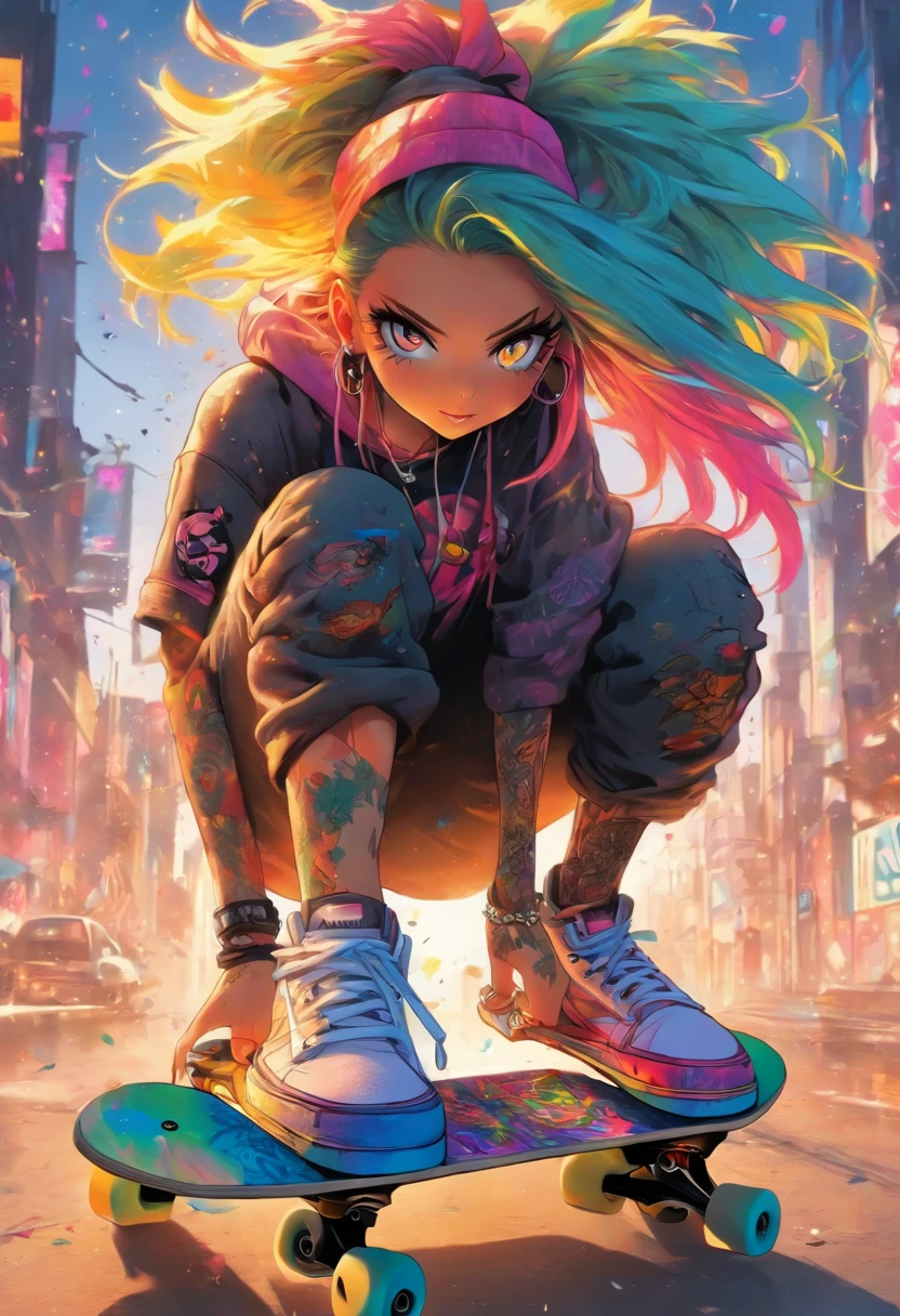 The most beautiful and sexy skateboard girl, rainbow colored hair, yellow eyes, wearing hoodie, graphic t-shirt, torn skinny jeans and highly detailed skateboard gear, tons of tattoos and piercings, highly detailed background, perfect masterpiece, high quality, high resolution