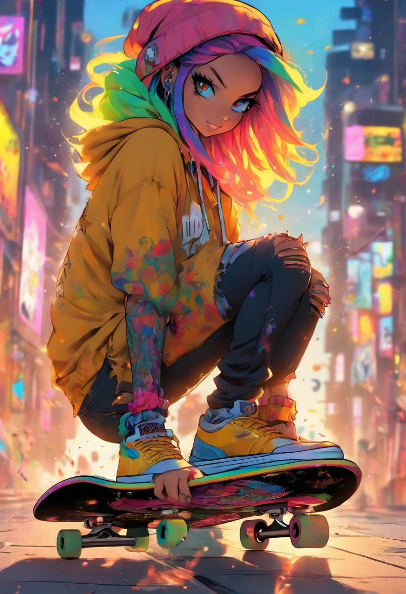 The most beautiful and sexy skateboard girl, rainbow colored hair, yellow eyes, wearing hoodie, graphic t-shirt, torn skinny jeans and highly detailed skateboard gear, tons of tattoos and piercings, highly detailed background, perfect masterpiece, high quality, high resolution