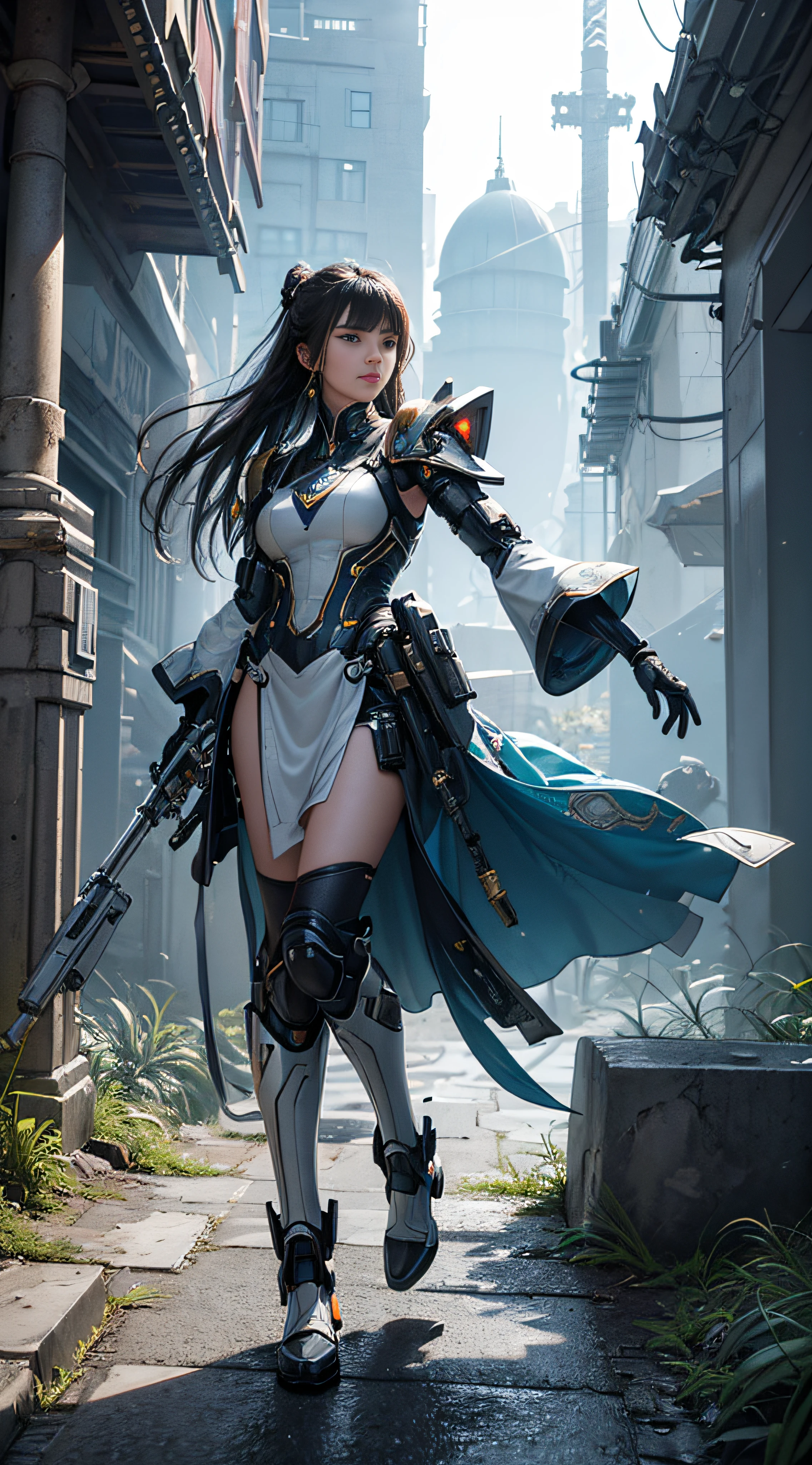 ((Best quality)), ((masterpiece)), (highly detailed:1.3), 3D,Shitu-mecha, beautiful cyberpunk women with her mecha in the ruins of city from a forgoten war, ancient technology,HDR (High Dynamic Range),Ray Tracing,NVIDIA RTX,Super-Resolution,Unreal 5,Subsurface scattering,PBR Texturing,Post-processing,Anisotropic Filtering,Depth-of-field,Maximum clarity and sharpness,Multi-layered textures,Albedo and Specular maps,Surface shading,Accurate simulation of light-material interaction,Perfect proportions,Octane Render,Two-tone lighting,Low ISO,White balance,Rule of thirds,Wide aperature,8K RAW,Efficient Sub-Pixel,sub-pixel convolution,luminescent particles,light scattering,Tyndall effect(the face is female more photorealistic & full body frighting kungfu action pose)(99% is female,1% is robot)( outdoor) ((Low angle))