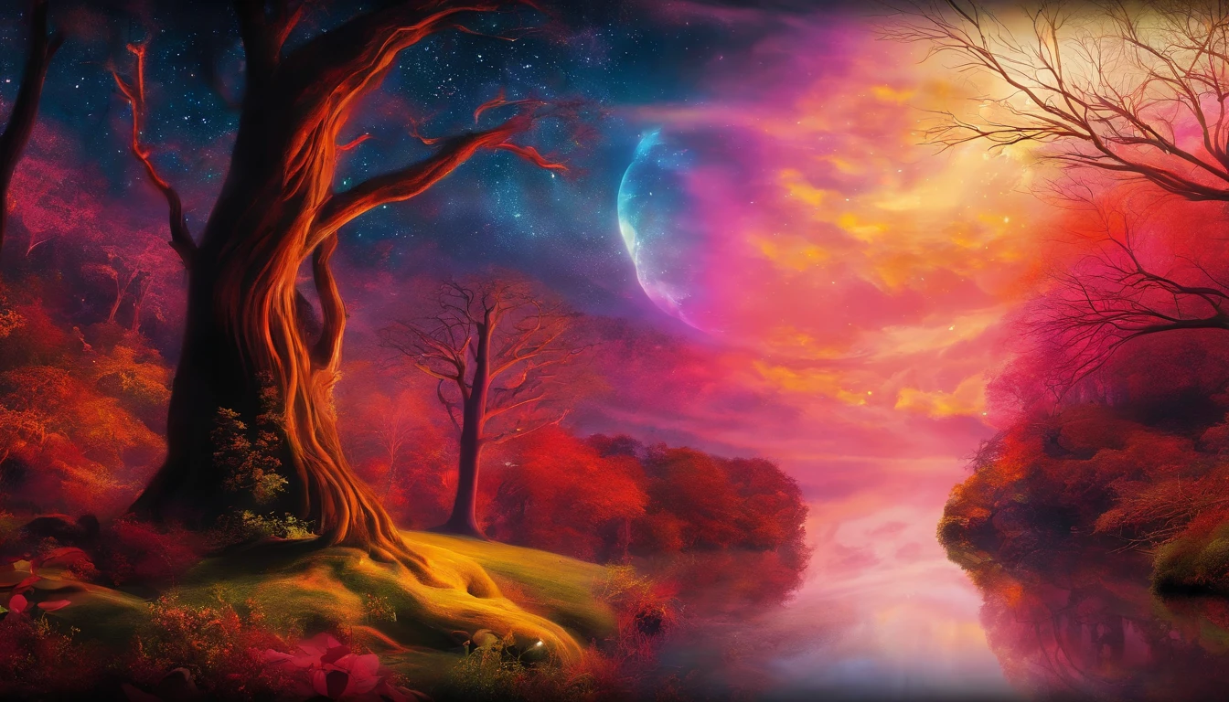 Rich in color，dream colors，Wallpaper's，The color is dark，Towering trees，rios