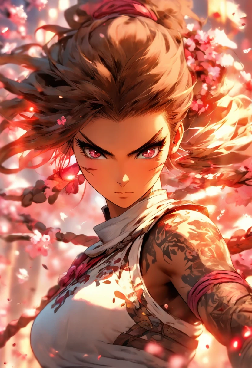 The most beautiful and sexy ninja warrior princess, brown hair, pink eyes, wearing highly detailed white battle armor, tons of tattoos and piercings, blood splattered, cherry blossoms blowing in the wind, highly detailed background, perfect masterpiece, high quality, high resolution