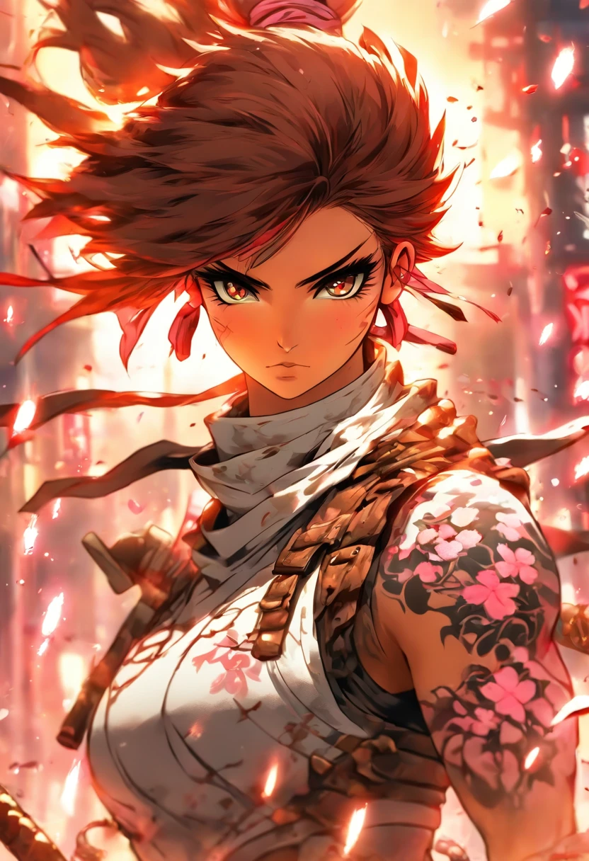 The most beautiful and sexy ninja warrior princess, brown hair, pink eyes, wearing highly detailed white battle armor, tons of tattoos and piercings, blood splattered, cherry blossoms blowing in the wind, highly detailed background, perfect masterpiece, high quality, high resolution