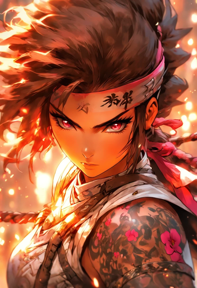 The most beautiful and sexy ninja warrior princess, brown hair, pink eyes, wearing highly detailed white battle armor, tons of tattoos and piercings, blood splattered, cherry blossoms blowing in the wind, highly detailed background, perfect masterpiece, high quality, high resolution