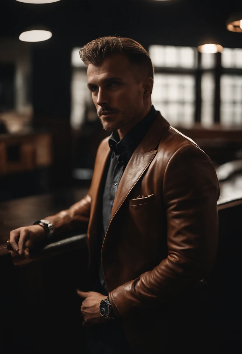 Um homem vestindo uma jaqueta de couro marrom elegante, andrzej sykut, Ultra High Definition Image, punk watch, Studio Photography, precision (mid closeup), rosto bonito, rosto claro