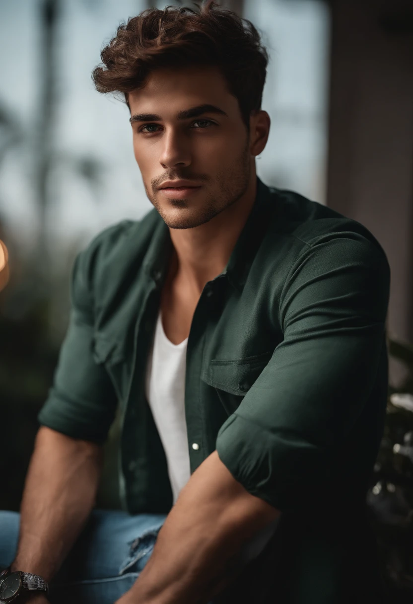 Cinematic soft lighting illuminates a beautiful Brazilian male model with stunning and ultra-realistic details,Foto de corpo inteiro da frente,olhar bonito,messy short brown hair,olhos claros de mel,Sorriso encantador perfeito,Criado sexy,Homem quente,insanamente bonita,That's the trend of ArtStation。Octane is the perfect tool to capture the softest details of this 16k photographic masterpiece。